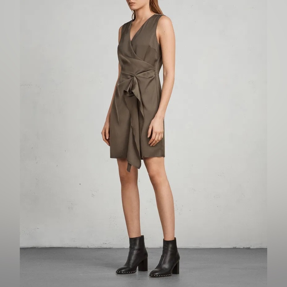 AllSaints Erica Dress Olive Green Tie Waist Size 10
